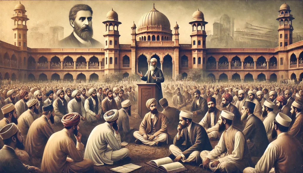 DALL·E 2025-03-13 12.58.12 - A highly realistic blog banner showcasing the Aligarh Movement in India during the late 19th century. The image prominently features Sir Syed Ahmed Kh