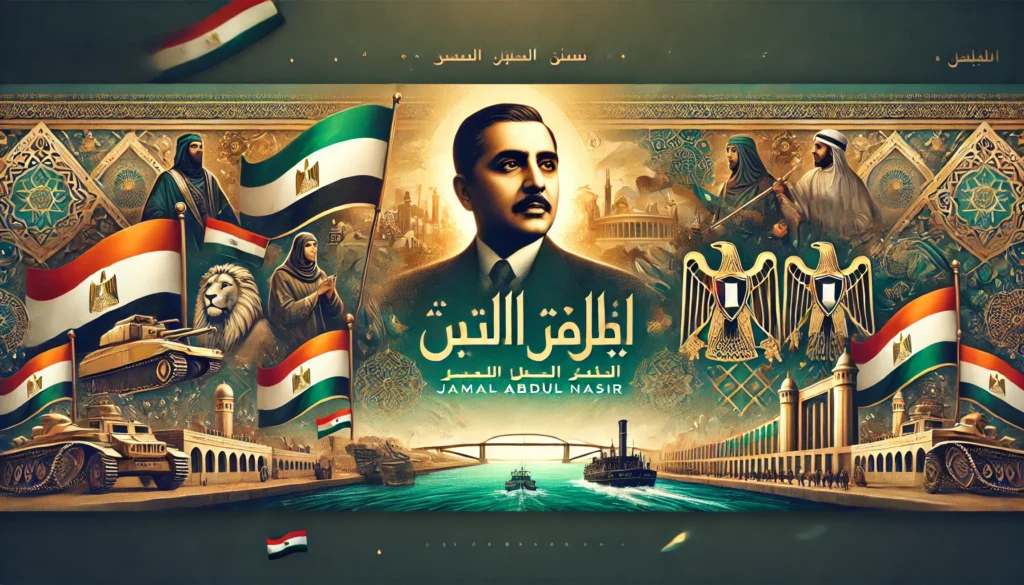 A striking and elegant image featuring Jamal Abdul Nasir, celebrating his legacy as a visionary Arab leader and symbol of freedom. جمال عبد الناصر